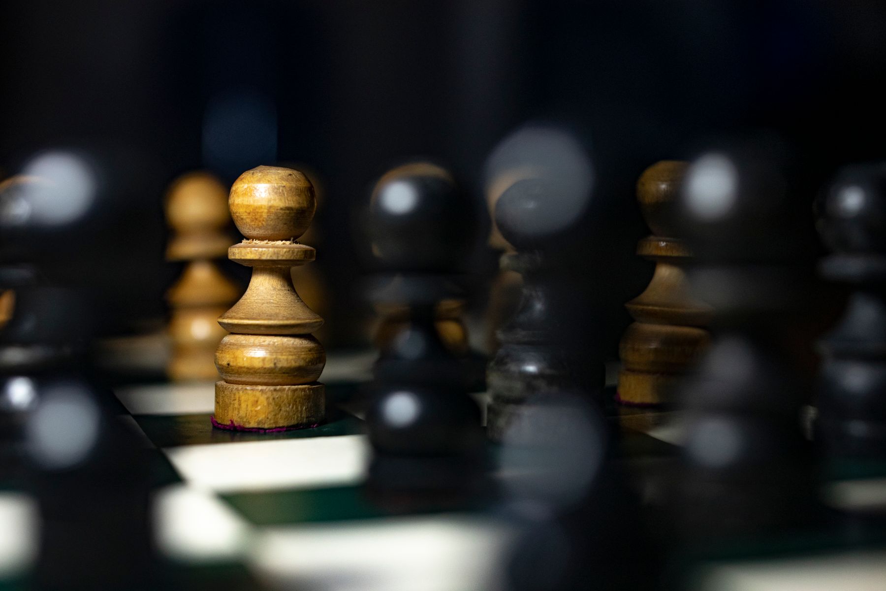 Brown and black chess pieces on a chessboard